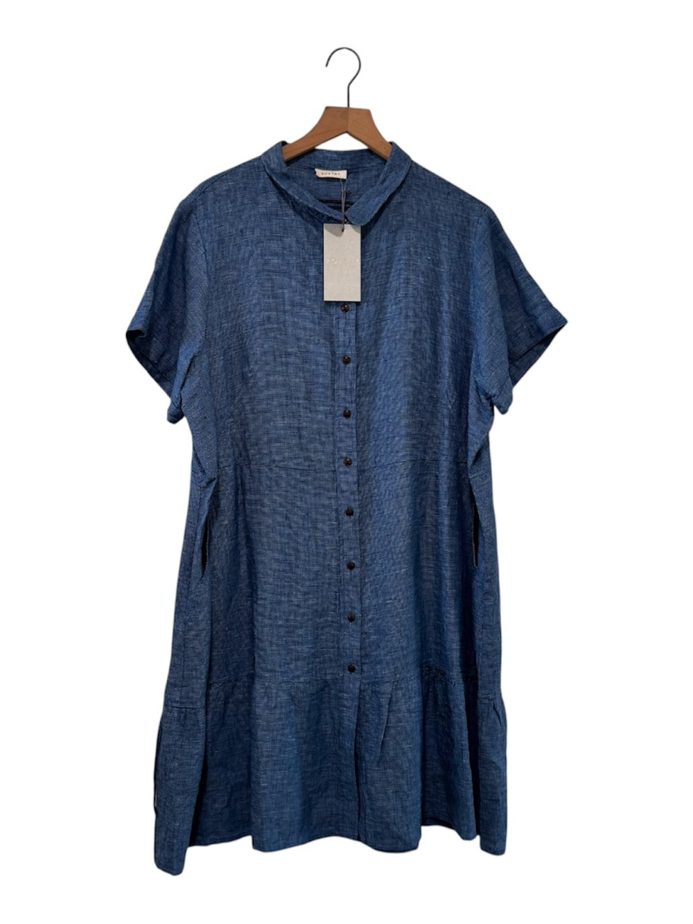 POETRY 100% Linen Aqua Navy Short Sleeve Button Front Dress Peter Pan Collar